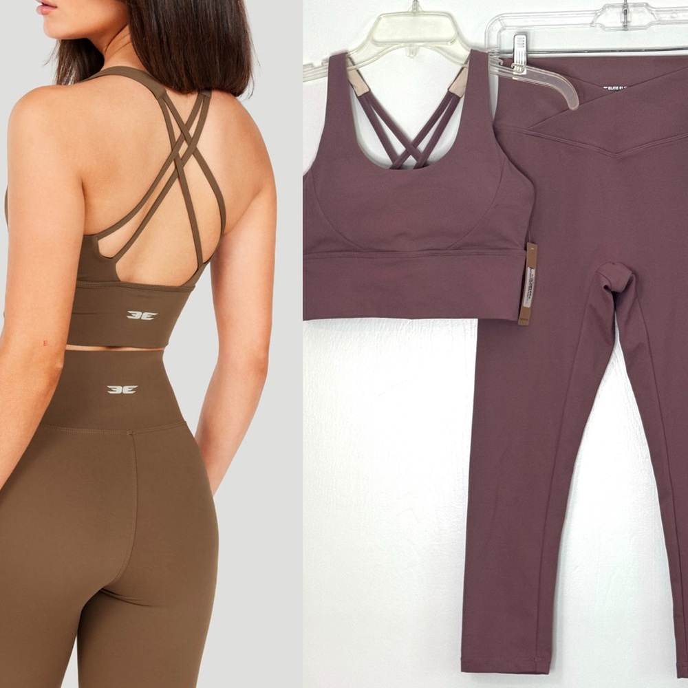 Elite Eleven Aura Bra Top & 7/8 Crossover Leggings Set Size M in Soft Rose NWT